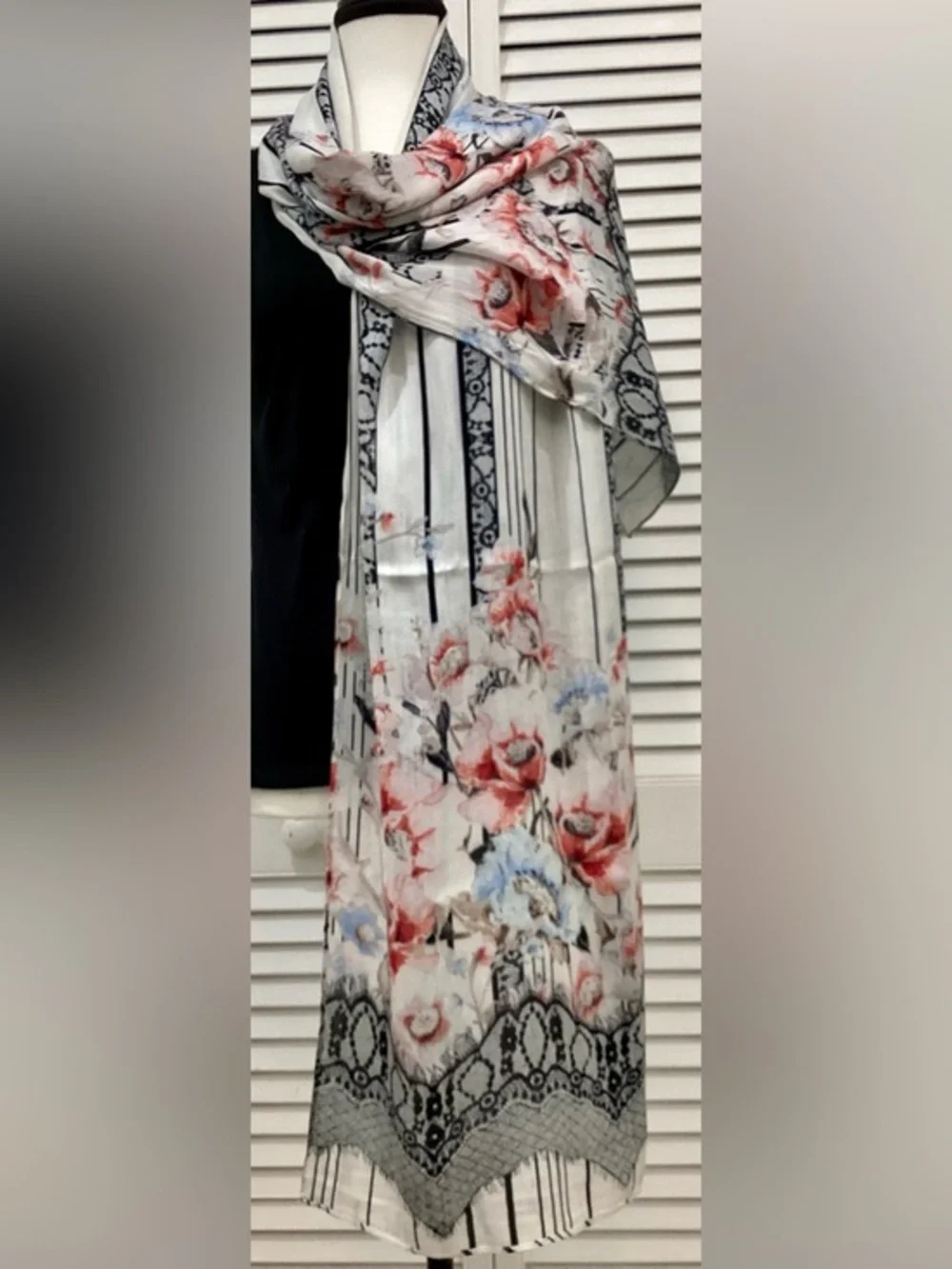 Vintage Boho Floral Faux Lace Print Scarf Wrap 68” x 20” Shabby Chic Cottagecore